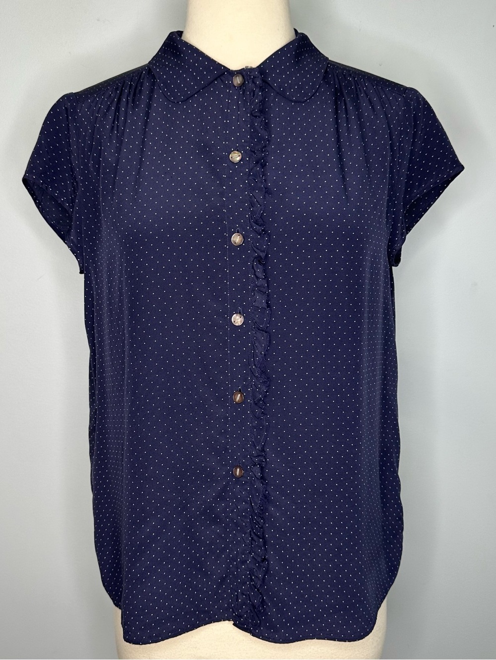 Pure DKNY Navy Blue White Mini Polka Dotted 100% Silk Peter Pan Collar Blouse